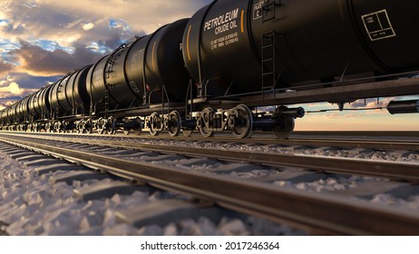 Cistern train with petroleum and crude oil transportation diesel fuel via railroad. Close up view to the freight train with oil tanks delivery energy from refinery station for export, 3d rendering.