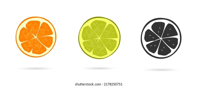 Citrus Orange And Lime Fruit Half Slice Icon Isolated Flat Graphic Cartoon Illustration, Black And White Grapefruit Pictogram Simple Shape Silhouette Clipart Image