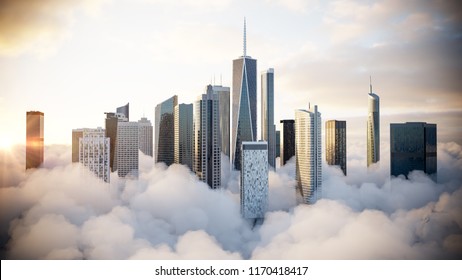 City Above The Clouds. Sunrise In The Fog. 3d Illustration.