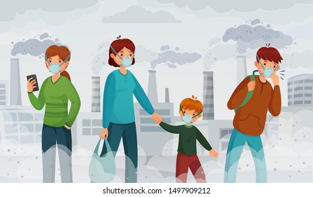 City Air Pollution. Smog Pollutants, Suffocation Environment And Passer In Breathing Masks. Environmental Pollutants, Character In Smoke Mask Or Factory Polution Fumes Cartoon  Illustration