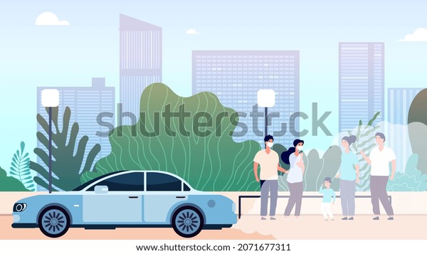 City air pollution. World problem of\
environment and ecological situation, dirty atmosphere. Urban\
landscape with auto and people\
illustration