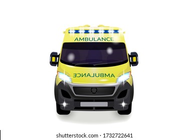 City Ambulance With Shadow. Varian UK. Front View From The Point Of View.  Illustration