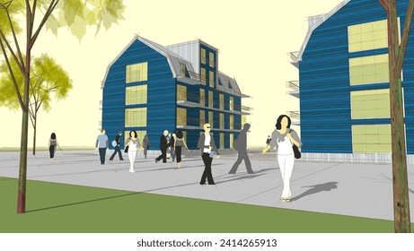 city ​​office architecture 3d rendering
