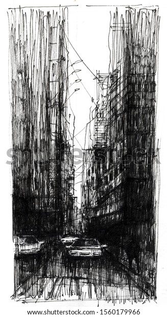 City\
architecture black ink hand drawn illustration. American urban\
scenery freehand drawing. Buildings facades, busy New York city\
narrow road with automobiles black and white\
sketch