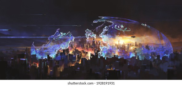 A City Attacked By Aliens, Science Fiction Illustration.