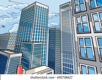 City Background Scene In A Cartoon Popart Comicbook Style With Skyscraper Buildings 