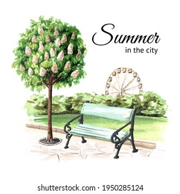 City Bench Under The Chestnut Tree In The Public Park, Watercolor Hand Drawn Illustration, Isolated On White Background