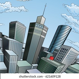 A City Buildings Cartoon Pop Art Comic Book Style Skyscraper Background Scene