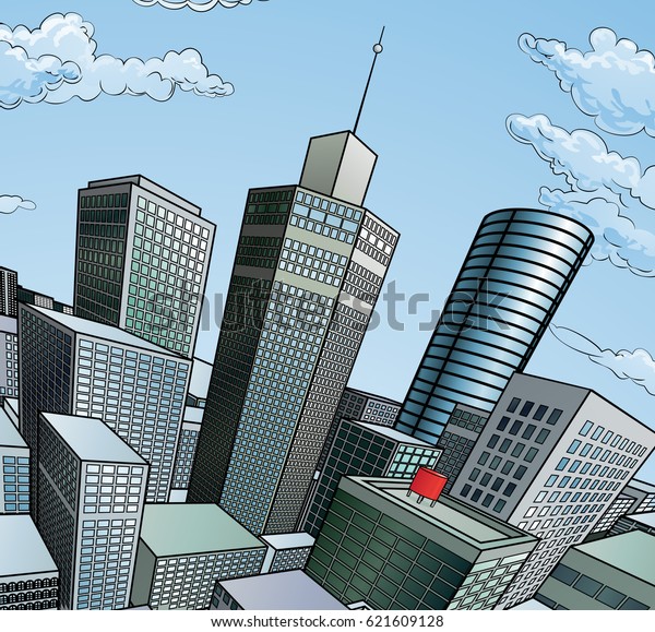 都市建築の漫画ポップアート漫画スタイルの高層ビル背景シーン のイラスト素材