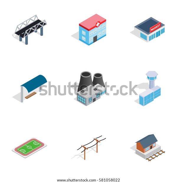City buildings icons set. Isometric 3d\
illustration of 9 city buildings  icons for\
web