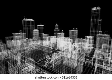 City buildings project, 3d wireframe print, design. Architecture, urban plan, real estate industry