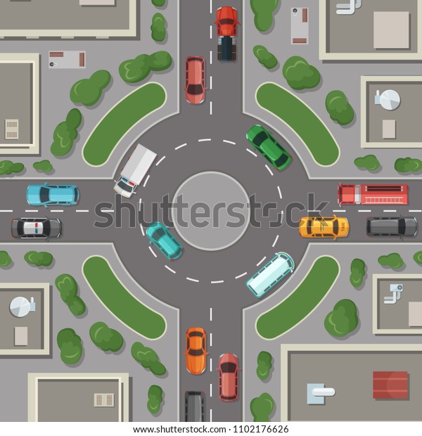  city buildings,\
roads and cars top view illustration. Road round crossroad,\
intersection top view\
street