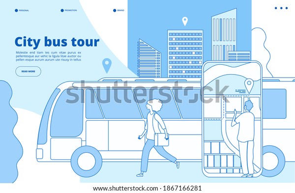 City bus tour. Urban bus excursion, tourists with\
cityscape and map smartphone app. Tourism and transportation line\
concept