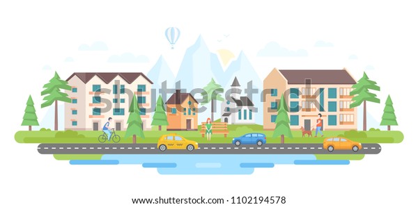 City by the mountains - modern flat design style\
illustration with hills silhouettes on white background. An image\
of residential area, buildings, cars on the road, church, pond,\
people, trees