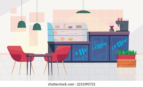 City Cafe Inside Interior, Banner In Flat Cartoon Design. Showcase With Desserts, Counter With Coffee Machine, Cash Desk, Table With Chairs. Cafeteria Furniture. Illustration Of Web Background