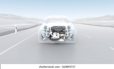 City Car Structure Overview During Driving Top View . 3d Illustration