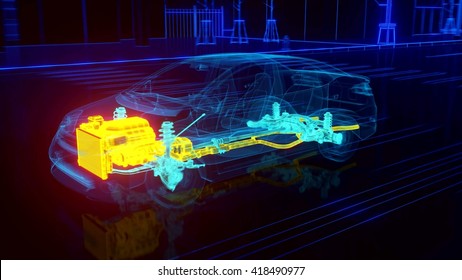 City Car Wireframe View - Engine And Transmission Details  3d Rendering