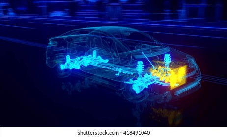 City Car Wireframe View - Engine And Transmission Details  3d Rendering