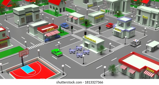 City Center Isometric Blocks Map. Small Town Or Suburb Downtown Buildings And Streets. Aerial View Of Shops And Stores, Cafe, Restaurant, School, Post Office, Police, Bank. 3d Illustration