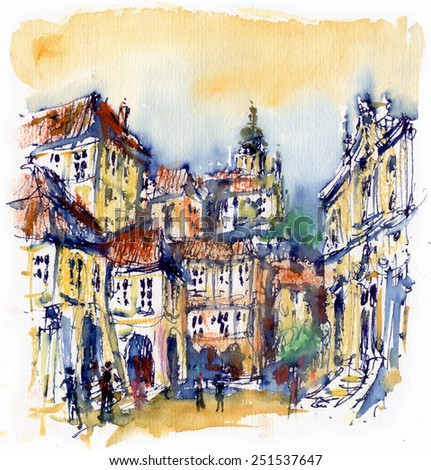 The city with the church, watercolor illustration