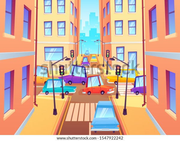 City\
crossroad with cars. Road traffic intersection, town street car jam\
and crosswalk with traffic lights. Streets intersects sidewalk, way\
streetlights and auto crossing cartoon \
illustration