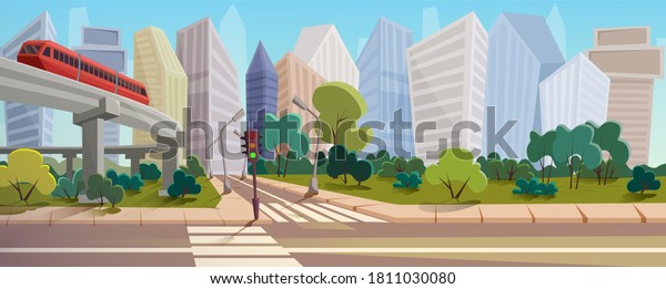 City crossroad\
cartoon landscape panorama illustration background. Wide empty\
street without people and cars, coronavirus epidemic time,\
sidewalks, traffic light, parks with\
trees