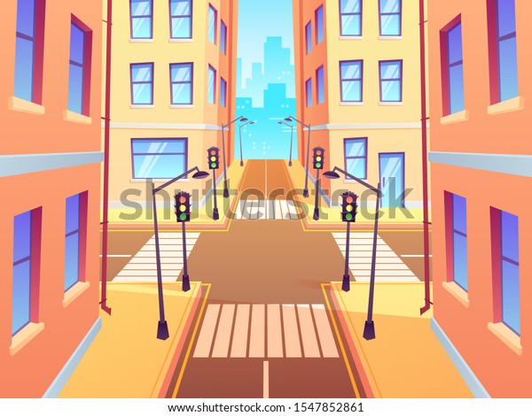 City\
crossroad with crosswalk. Urban intersection traffic lights, town\
street crossroads and road junction. Cross road and sidewalk,\
building and crosswalk cartoon\
illustration