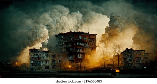 City Demolished By War Exploding Buildings On Fire Blown Away By Enemy Rockets War Disease Suffering Dead Injured People 3d Illustration