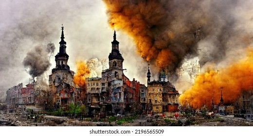 City Demolished By War Exploding Buildings On Fire Blown Away By Enemy Rockets Terrorist Attack Dead Injured People 3d Illustration