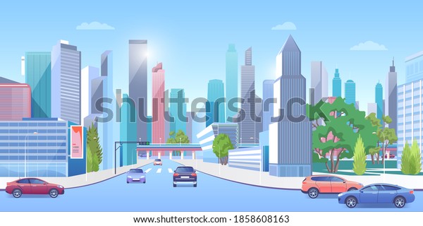 City
downtown in summer illustration. Cartoon 3d urban sunny panoramic
cityscape, cars on street road, modern town architecture and green
trees, billboards on building skyscrapers
background