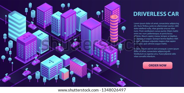 City driverless car banner.\
Isometric illustration of city driverless car banner for web\
design