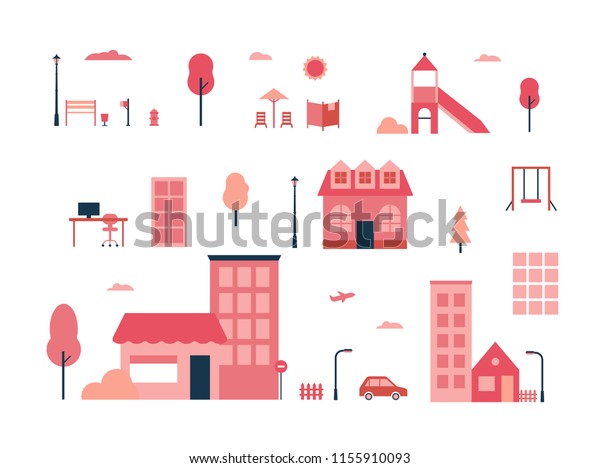 City elements - flat design style set of isolated\
objects on white background for creating your own images. A\
collection of red buildings, playground items, bench, office\
workplace, lanterns,\
car