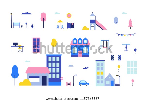 City elements - flat design style set of isolated\
objects on white background for creating your own images. A\
colorful collection of buildings, playground items, bench, office\
workplace, lanterns,\
car