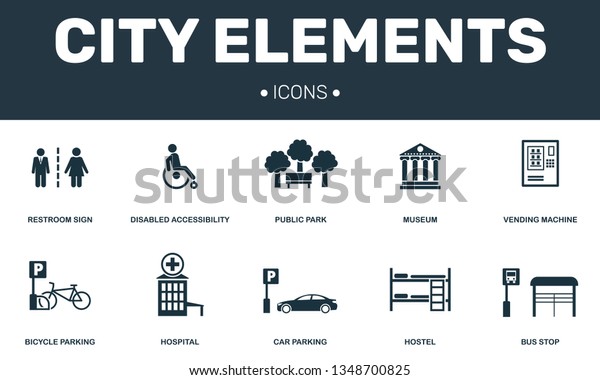 City elements set icons collection. Includes simple\
elements such as Restroom, Disabled, Public park, Hostel and Car\
parking premium\
icons