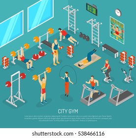 City fitness workout gym center with equipment for strength and cardio exercises isomeric poster abstract  illustration 