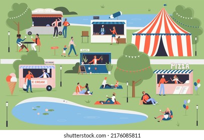 City Food Festival Event In Village, City Park Illustration. Cartoon Summer Map Of Market With Family People Have Fun And Walk, Listening To Music, Buying Pizza, Ice Cream And Books Background