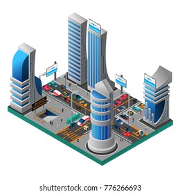 City Of Future Isometric Template With Futuristic Buildings Skyscrapers Cars People Road Metro Station Isolated  Illustration