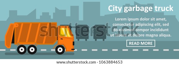 City\
garbage truck banner horizontal concept. Flat illustration of city\
garbage truck banner horizontal concept for\
web