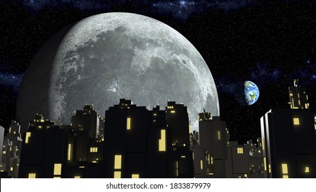 City Halloween. The Far Side Of The Moon. 3d Rendering