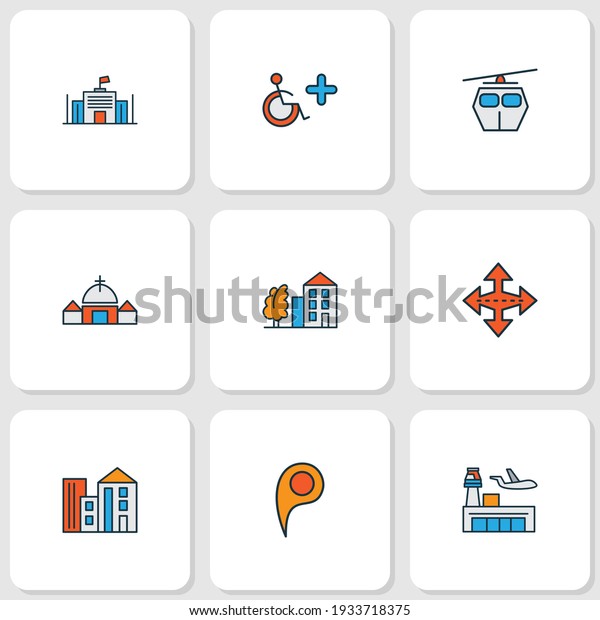 City icons colored line set with location pin,\
crossroad, cable car and other parliament elements. Isolated\
illustration city\
icons.