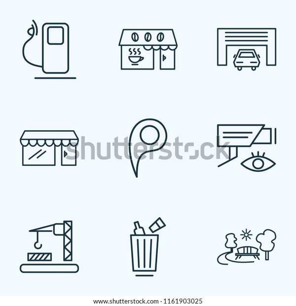 City icons line style set with park, video\
control, location pin and other shop elements. Isolated \
illustration city\
icons.