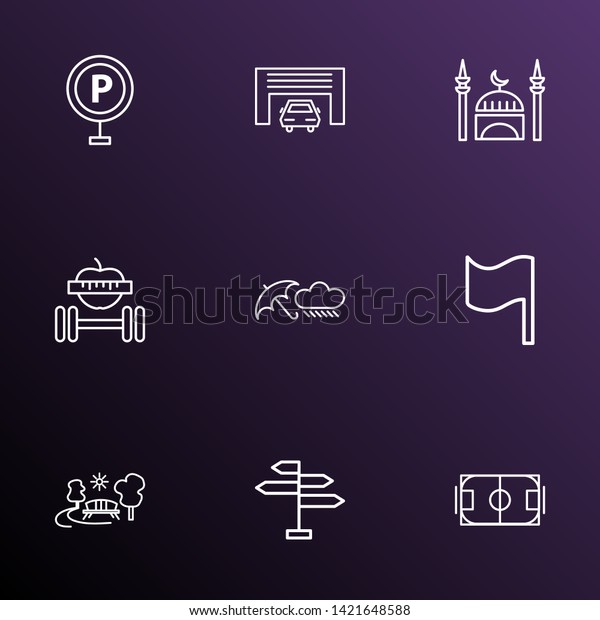 City icons line style set with rainy weather,\
mosque, flag and other signpost elements. Isolated  illustration\
city icons.