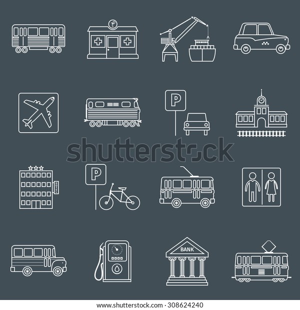City infrastructure icons outline\
set with hotel bike trolley toilet isolated \
illustration