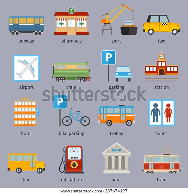 City infrastructure icons set with subway\
pharmacy port taxi isolated \
illustration
