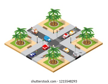 City isometric 3D intersection traffic jam of streets with roads, cars, trees. Town industrial landscape.