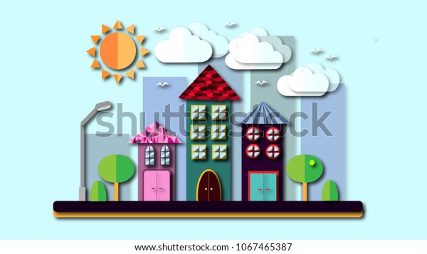 City\
landscape in a flat style with shadows. The city with houses with\
sloping roof and various beautiful tiles with a lantern sun-shining\
clouds and trees on a blue background.\
illustration
