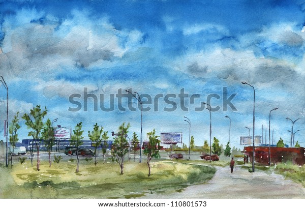 City landscape. Urban landscape near a highway.\
Cloudy sky. Watercolor\
painting.