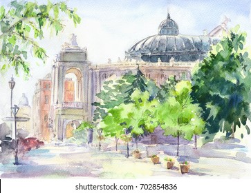 City Landscape,opera House.Hand Drawn .Watercolor Sketch 