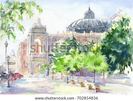 City landscape,opera house.Hand drawn .Watercolor sketch 