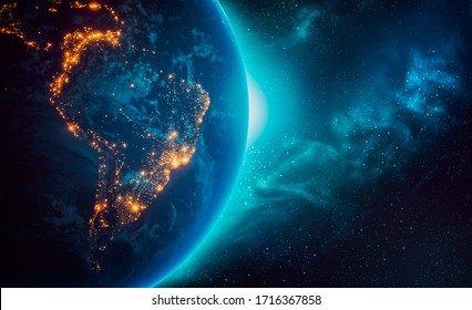 City lights of South America continent at night from outer space 3D rendering illustration. Earth map texture provided by Nasa. Energy consumption, electricty, industry, power supply, ecology concepts